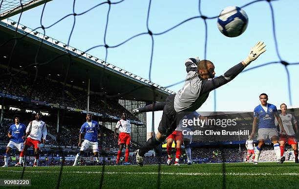 Goalkeeper Paul Robinson of Blackburn Rovers fails to stop the ball as Louis Saha of Everton scores the opening goal of the Barclays Premier League...