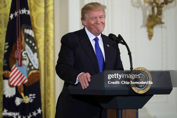 President Donald Trump speaks to a group of mayors in the East Room of the White House January 24, 2018 in Washington, DC. According to U.S....