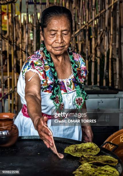 Herlinda Olivos Ramirez cooks corn tortillas in her restaurant on October 5, 2016 at the Mole Fair in San Pedro Atocpan, Milpa Alta borough, near...