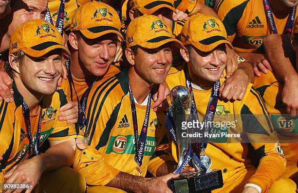 Ricky Ponting of Australia holds the NatWest Series trophy with Shane Watson Brett Lee and Michael Clarke after the 7th NatWest One Day International...