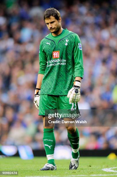 Dejected Carlo Cudicini the Spurs goalkeeper looks on after his team concede three goals during the Barclays Premier League match between Chelsea and...