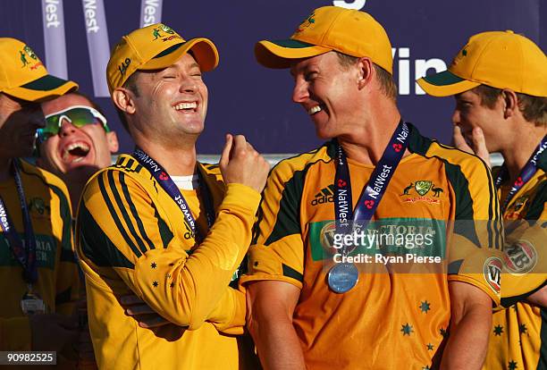 Michael Clarke of Australia laughs with Brett Lee after the 7th NatWest One Day International between England and Australia at The Riverside on...