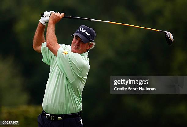 Russ Cochran watches his tee shot on the second hole during the final round of the Greater Hickory Classic at the Rock Barn Golf & Spa on September...