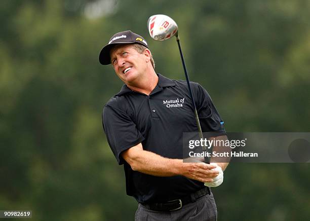 Fred Funk watches his tee shot on the second hole during the final round of the Greater Hickory Classic at the Rock Barn Golf & Spa on September 20,...