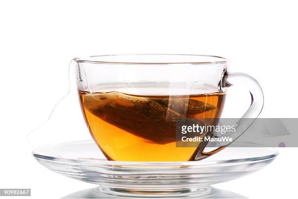 clear tea cup with teabag inside - saucer bildbanksfoton och bilder