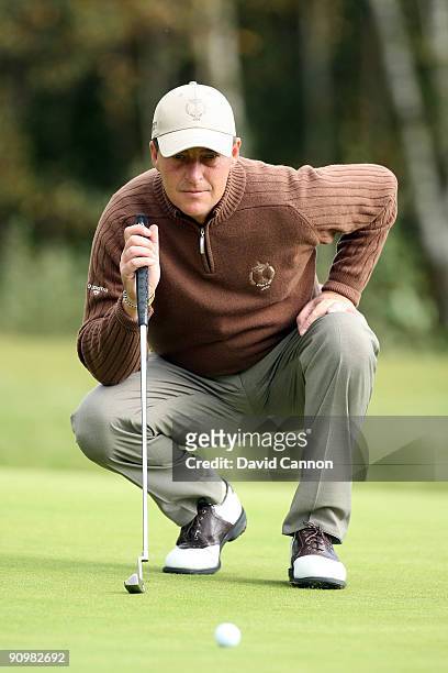 Jon Bevan of England and the Great Britain and Ireland Team on the green at the 18th hole during the final day PGA Cup singles matches at The Carrick...