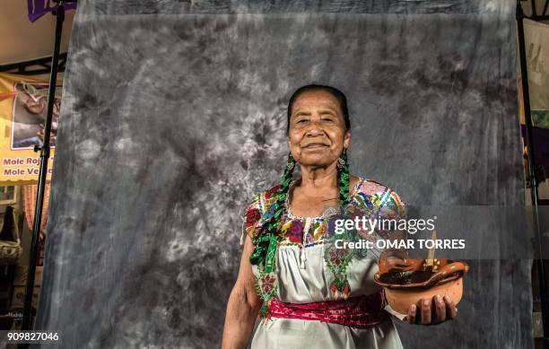 Herlinda Olivos Ramirez poses for a photograph presenting her mole on October 5, 2016 at the Mole Fair in San Pedro Atocpan, Milpa Alta borough, near...