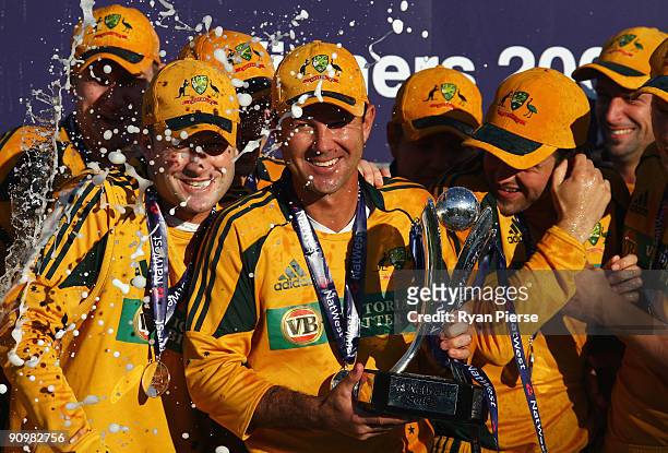 Ricky Ponting of Australia holds the NatWest Series trophy with Michael Clarke after the 7th NatWest One Day International between England and...