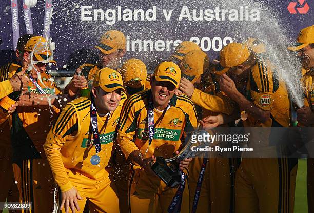 Ricky Ponting of Australia holds the NatWest Series trophy after the 7th NatWest One Day International between England and Australia at The Riverside...