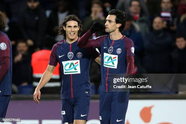 Javier Pastore of PSG celebrates his goal with Edinson Cavani during the French National Cup match between Paris Saint Germain and En Avant Guingamp...