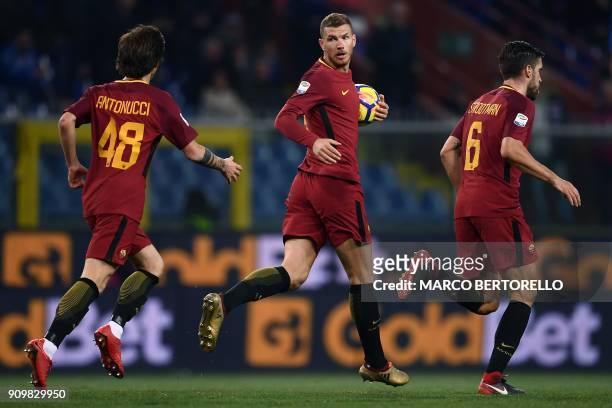 Roma's Bosnian forward Edin Dzeko celebrates after scoring a goal during the Italian Serie A football match between Sampdoria and AS Roma on January...