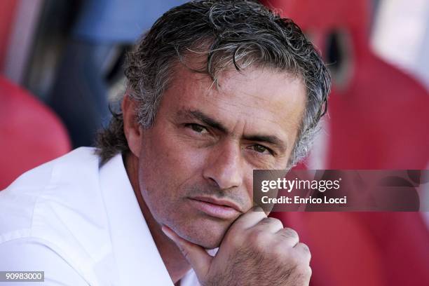 Head Coach Jose Mourinho of Inter Milan looks on during the Serie A match between Cagliari and inter at Stadio Sant'Elia on September 20, 2009 in...