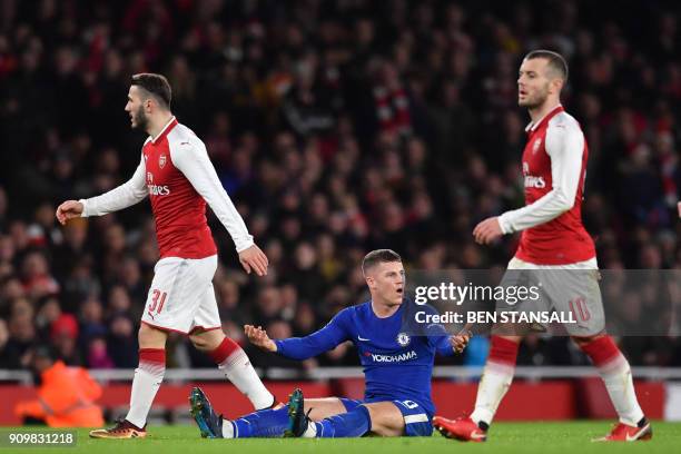 Chelsea's Ross Barkley reacts during the League Cup semi-final football match between Arsenal and Chelsea at the Emirates Stadium in London on...