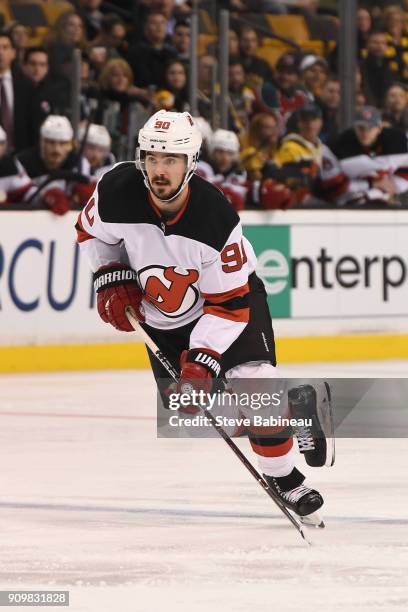 Marcus Johansson of the New Jersey Devils skates against the Boston Bruins at the TD Garden on January 23, 2018 in Boston, Massachusetts.