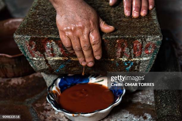 Chef Rufina Mendoza grinds chilcosle chili pepper with a metate - a traditional grinding stone - before making segueza at the Tlamanalli restaurant...