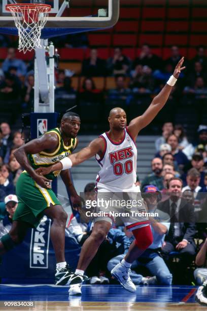 Benoit Benjamin of the New Jersey Nets posts up during a game played on November 15, 1994 at the Continental Airlines Arena in East Rutherford, New...