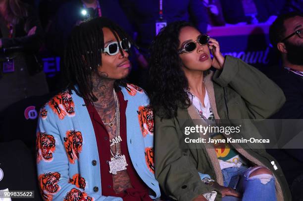 American rapper, singer-songwriter and actor Wiz Khalifa and his girlfriend Izabela Guedes attend Bellator 192 at The Forum on January 20, 2018 in...