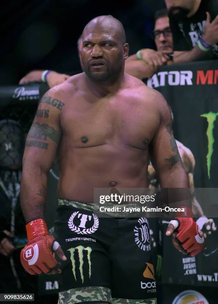 Quinton Jackson in the cage as he is introduced for his Heavyweight World Title fight at Bellator 192 against hael Sonnen at The Forum on January 20,...