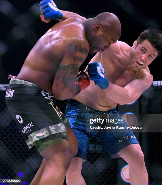 Chael Sonnen as he defeated Quinton Jackson in their Heavyweight World Title fight at Bellator 192 at The Forum on January 20, 2018 in Inglewood,...