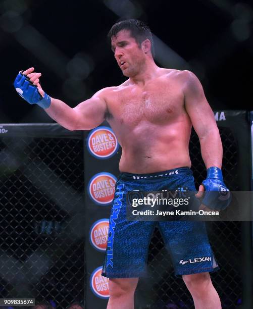 Chael Sonnen stands in the cage as he defeated Quinton Jackson in their Heavyweight World Title fight at Bellator 192 at The Forum on January 20,...