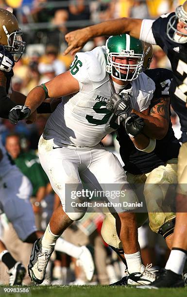 Kevin Pickelman of the Michigan State Spartans rushes against the Notre Dame Fighting Irish on September 19, 2009 at Notre Dame Stadium in South...