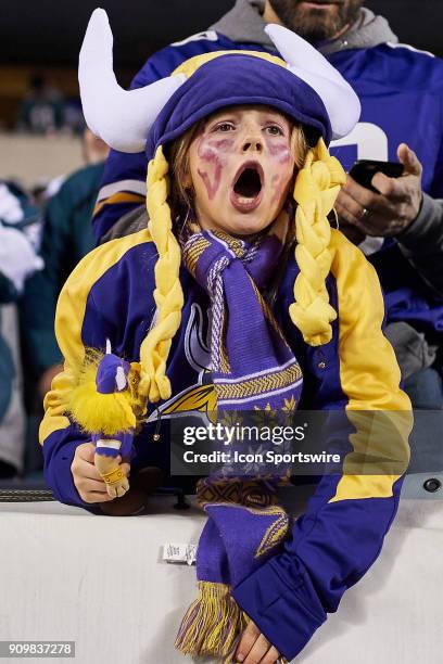 Minnesota Vikings fan celebrates and cheers during the NFC Championship Game between the Minnesota Vikings and the Philadelphia Eagles on January 21,...