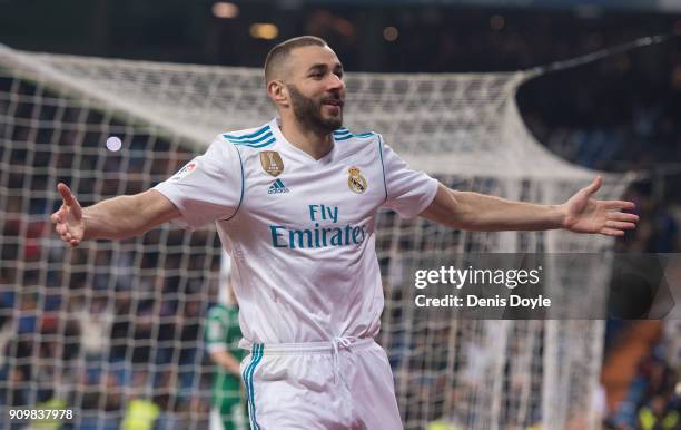 Karim Benzema of Real Madrid celebrates after scoring his teamÕs opening goal during the Copa del Rey, Quarter Final, Second Leg match between Real...