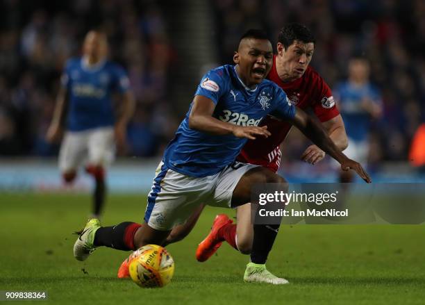 Alfredo Morelos of Rangers vies with Scott McKenna of Aberdeen during the Ladbrokes Scottish Premiership match between Rangers and Aberdeen at Ibrox...