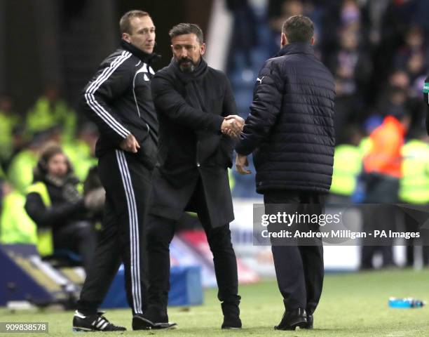 Aberdeen manager Derek McInnes and Rangers manager Graeme Murty shake hands after the Ladbrokes Premiership match at Ibrox, Glasgow.