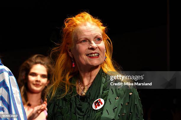 Designer Vivienne Westwood walks the runway in the Vivienne Westwood Red Label show during London Fashion Week Spring/Summer 2010 on September 20,...