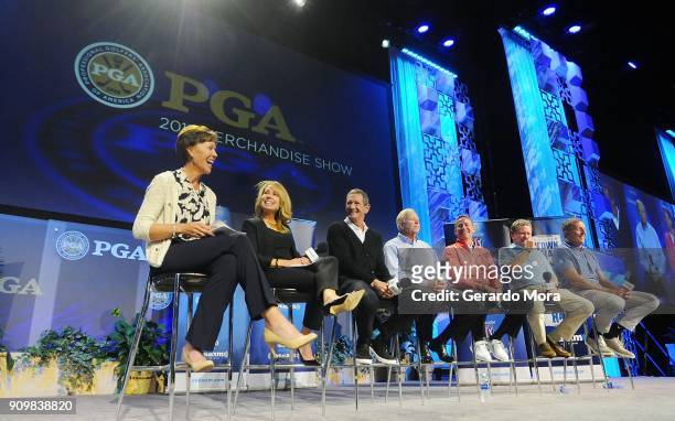 Suzy Whaley, Debbie Doniger, Hank Haney, Jim McLean, Michael Breed, Larry Rinker and David Leadbetter on SiriusXM's Teachers Town Hall at the PGA...
