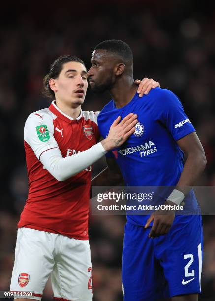 Hector Bellerin of Arsenal consoles a dejected Antonio Rudiger of Chelsea during the Carabao Cup Semi-Final 2nd leg match between Arsenal and Chelsea...