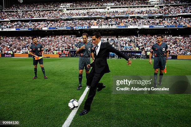 Alberto Contador kicks the ball before the La Liga match between Real Madrid and Xerez CD at Estadio Santiago Bernabeu on September 20, 2009 in...