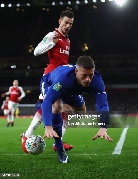 Ross Barkley of Chelsea his pushed over by Laurent Koscielny of Arsenal during the Carabao Cup Semi-Final Second Leg at Emirates Stadium on January...