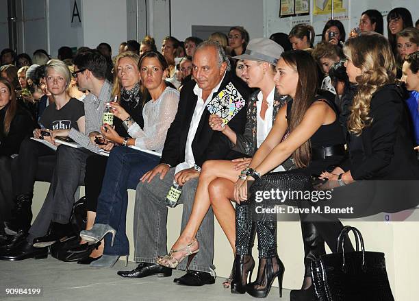 Sir Philip Green, Kate Moss and Chloe Green attend the Unique show during London Fashion Week, on September 20, 2009 in London, England.