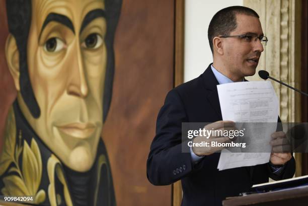 Jorge Arreaza, Venezuela's foreign affairs minister, speaks during a news conference following a meeting with European Union ambassadors in Caracas,...