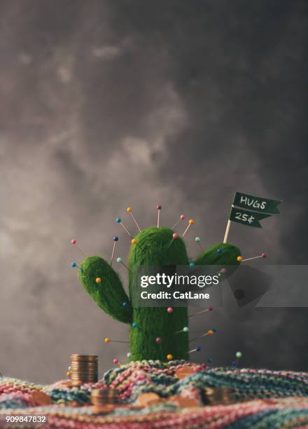 cactus plant with pins and message - embracing change stock pictures, royalty-free photos & images