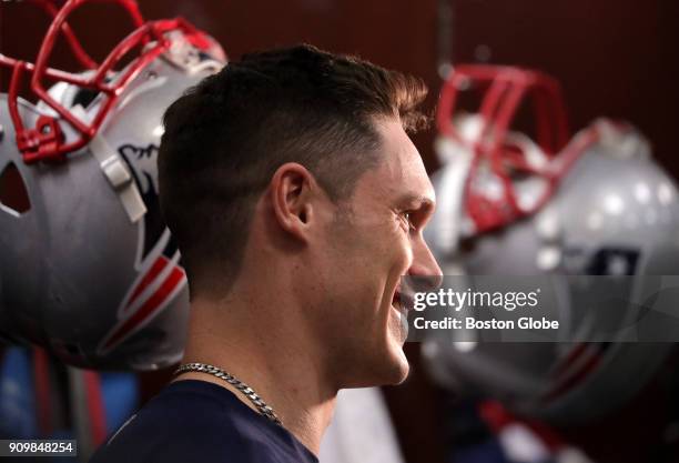 New England Patriots wide receiver Chris Hogan speaks with reporters during media availability at Patriots practice at Gillette Stadium in...