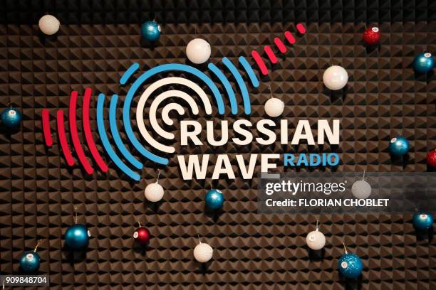 Picture shows the logo of Russian Wave Radio in the Cypriot port city of Limassol on January 10, 2018.