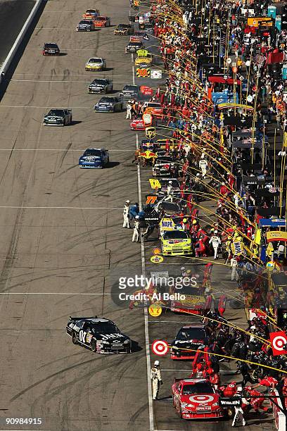 General view of pit road during the NASCAR Sprint Cup Series Sylvania 300 at the New Hampshire Motor Speedway on September 20, 2009 in Loudon, New...
