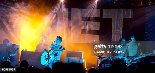 Guitarist Cameron Muncey, Singer Nic Cester, drummer Chris Cester and bassist Mark Wilson of the Australian Rock band Jet perform live during a...