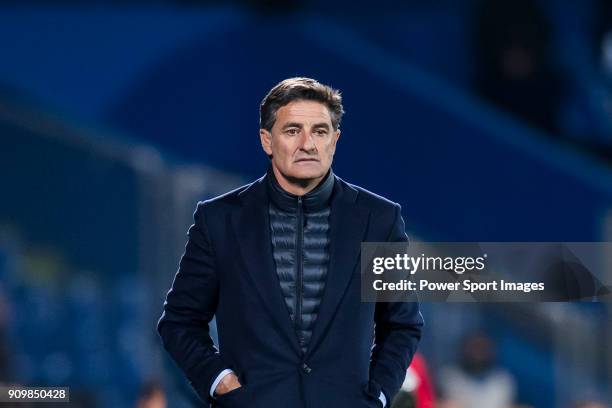 Coach Jose Miguel Gonzalez Martin del Campo, Michel, of Malaga CF reacts during the La Liga 2017-18 match between Getafe CF and Malaga CF at Coliseum...