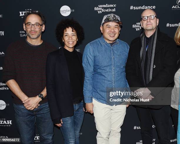 David Wain, Stephanie Allain, Bernie Su and Steven Soderbergh attend the "The Future Of Indie TV - Panel" during 2018 Sundance Film Festival at...