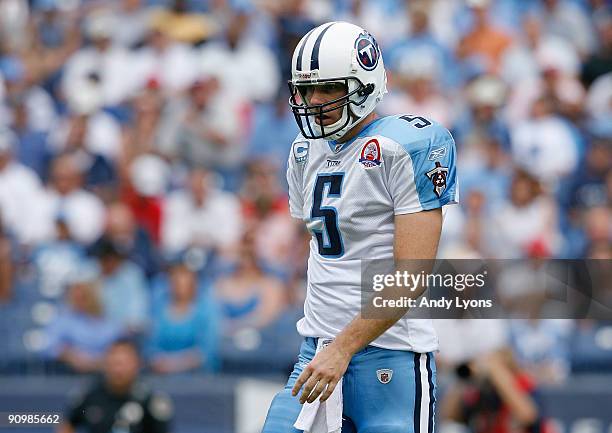 Kerry Collins of the Tennessee Titans walks off of the field during the NFL game against the Houston Texans at LP Field on September 20, 2009 in...