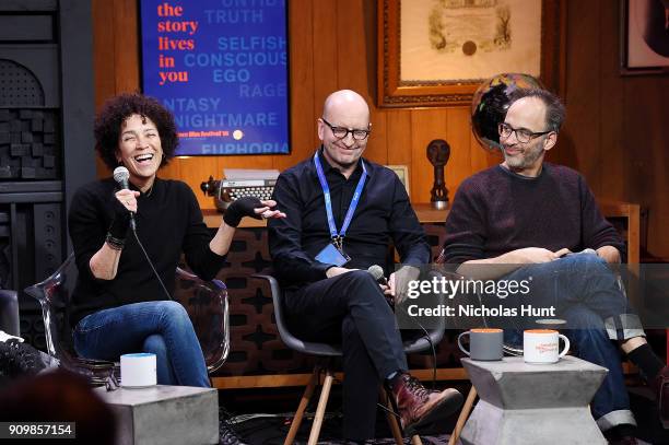 Stephanie Allain, Steven Soderbergh and David Wain attend the "The Future Of Indie TV - Panel" during 2018 Sundance Film Festival at Filmmaker Lodge...