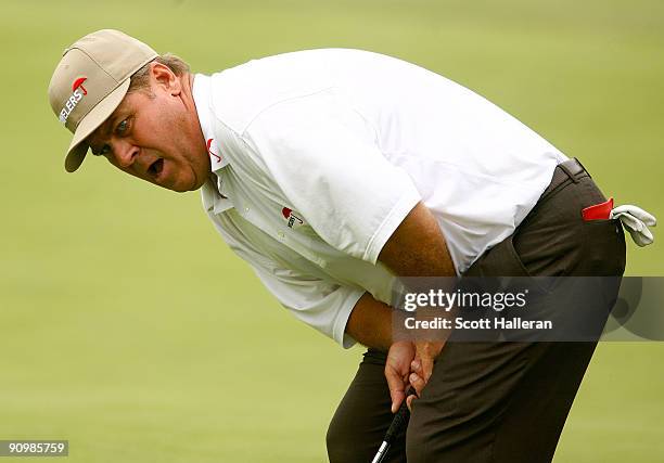 Hal Sutton reacts to a missed putt on the 14th green during the final round of the Greater Hickory Classic at the Rock Barn Golf & Spa on September...