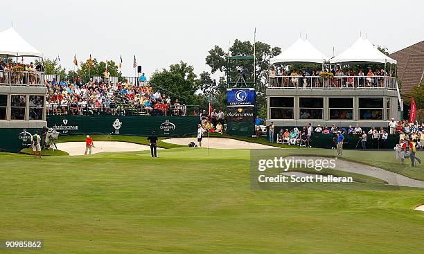 General view of the play at the 18th green during the final round of the Greater Hickory Classic at the Rock Barn Golf & Spa on September 20, 2009 in...