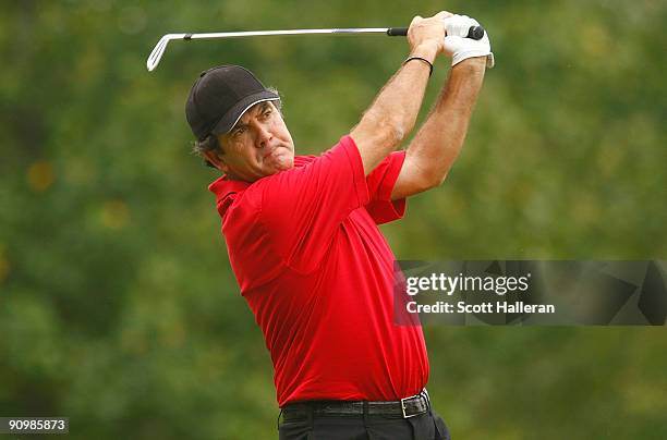 David Frost of South Africa watches his tee shot on the ninth hole during the final round of the Greater Hickory Classic at the Rock Barn Golf & Spa...