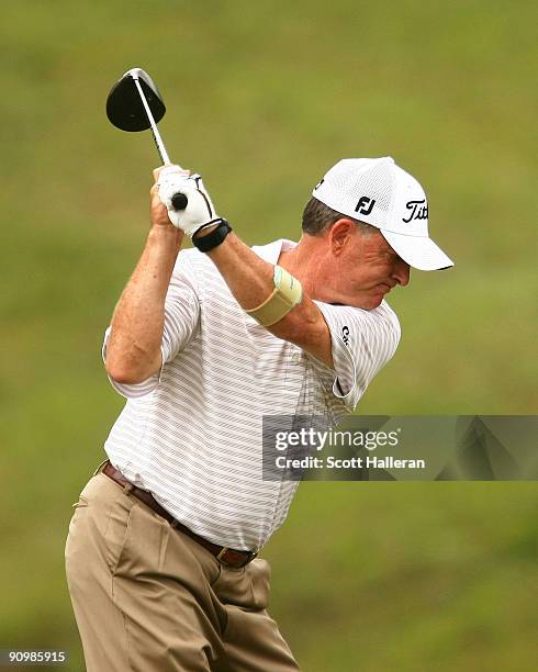 Jay Haas hits his tee shot on the tenth hole during the final round of the Greater Hickory Classic at the Rock Barn Golf & Spa on September 20, 2009...