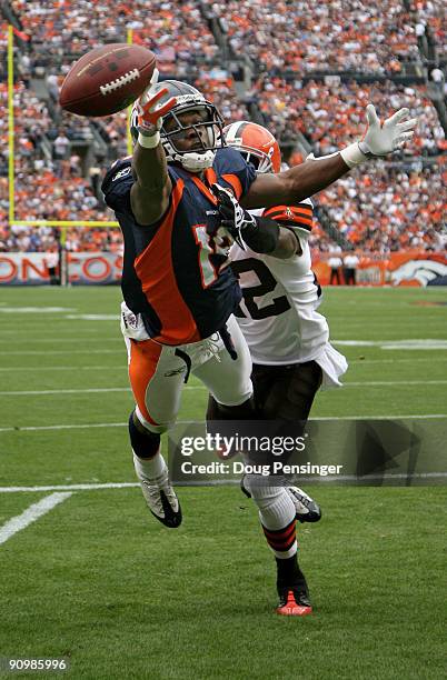 Wide receiver Eddie Royal of the Denver Broncos is unable to make a reception in the endzone as defensive back Brandon McDonald of the Cleveland...